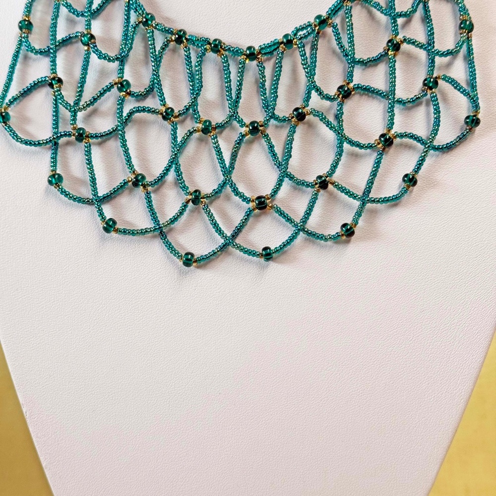 HIMALAYAN GEMS HANDCRAFTED BEADED BIB, TEAL & GOLD SEED BEADS, 18 INCHES LONG,